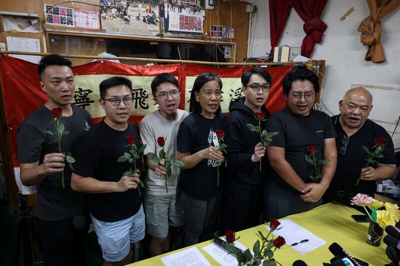 Chan Po-ying, Chair of Hong Kong’s League of Social Democrats, along with party members, announces the party’s dissolution in Hong Kong, June 29, 2025.